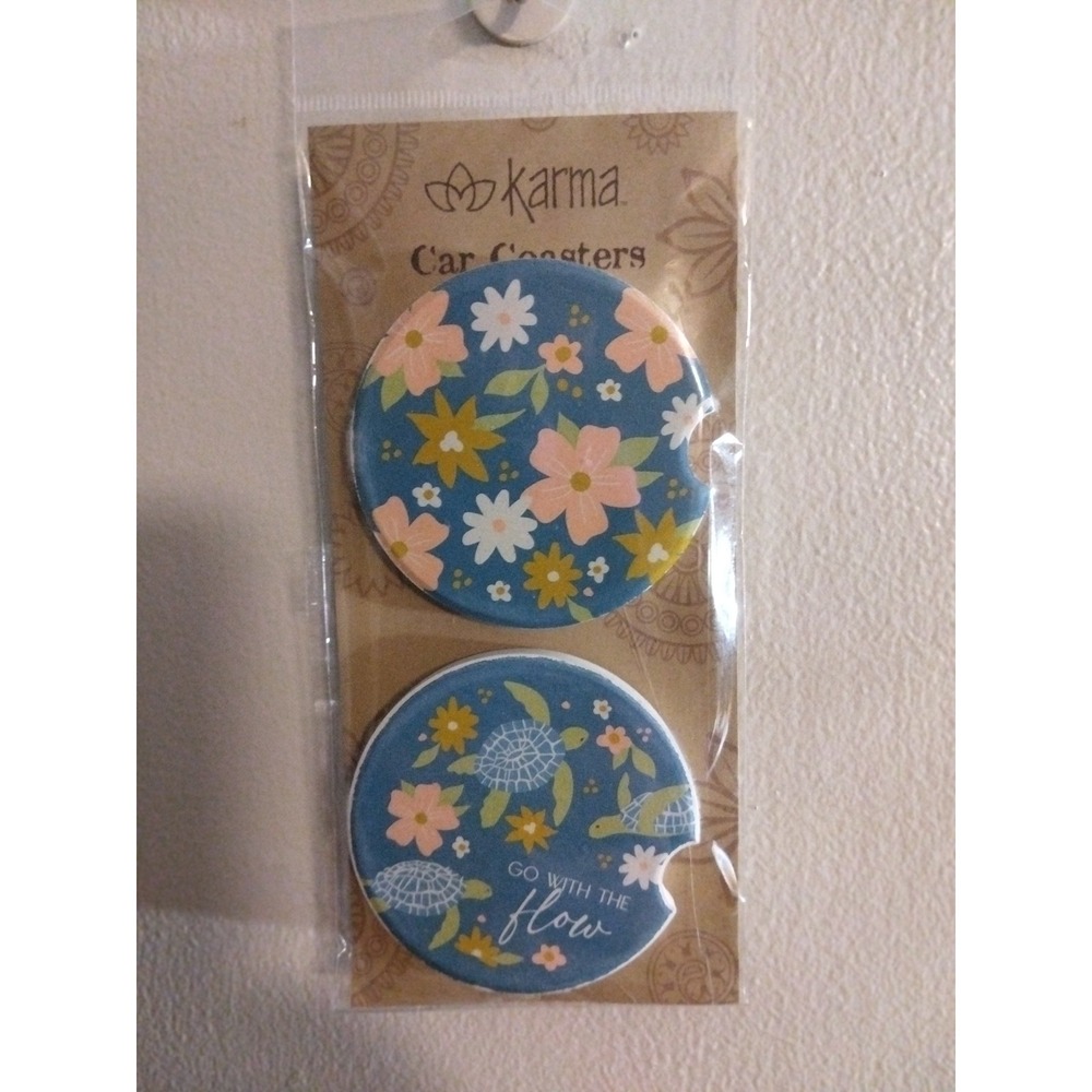 Karma Car Coasters 2 pk Absorbent Stoneware "Go With The Flow" Sea‎ Turtles